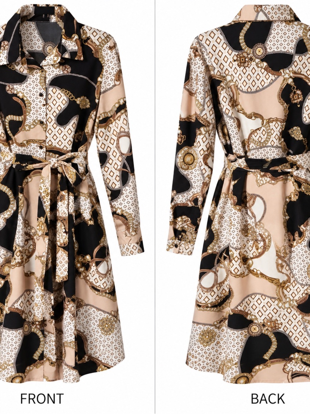 Elegant Chain-Print Shirt Dress - Black & Cream